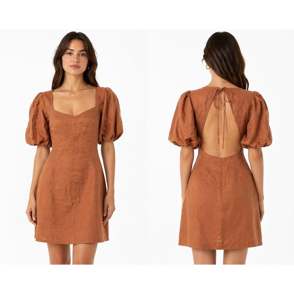 Amalie Womens Sz 12 Empriss 100% Linen Puff Sleeve Open Back Rust Mini Dress NWT